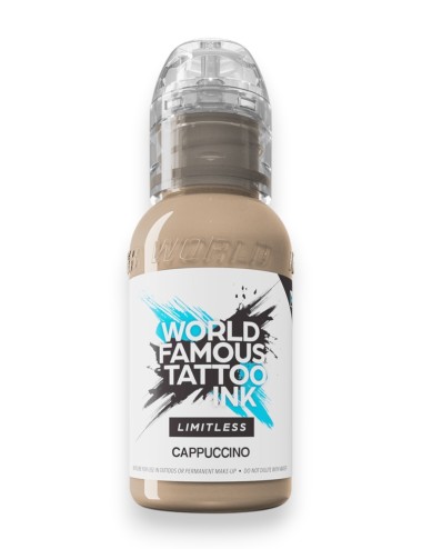 Cappuccino - World Famous Limitless - flacon beige à bouchon transparent, étiquette blanche Limitless, vue de face