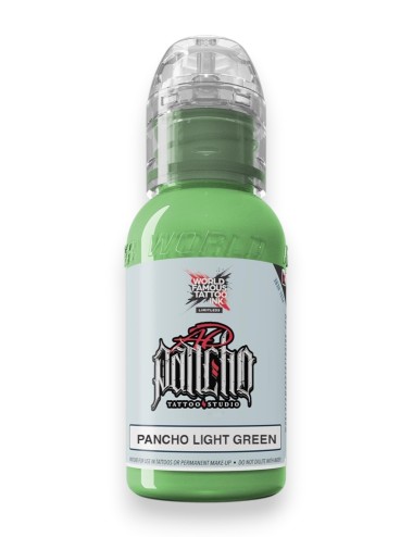 Light Green (AD Pancho) - World Famous Limitless - flacon vert clair à bouchon transparent, étiquette bleu pâle AD Pancho, face